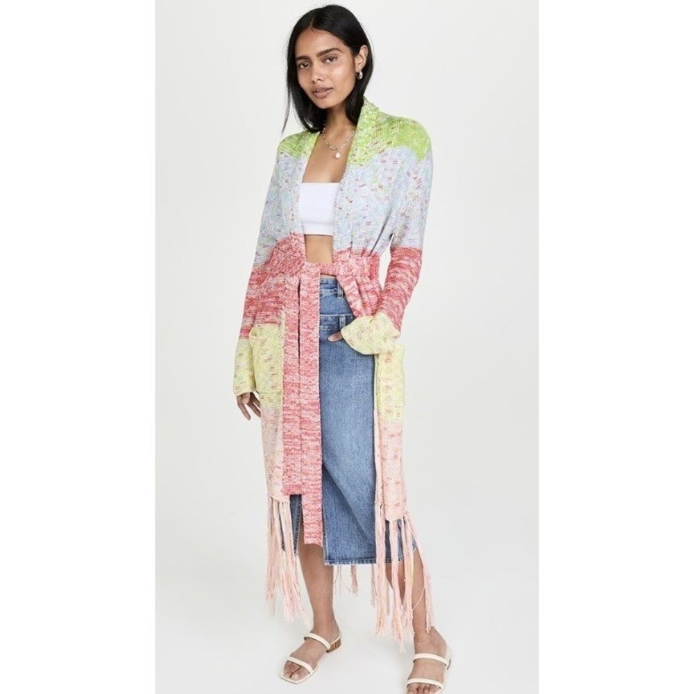 525 America Crochet Knit Long Cardigan Fringed Wrap Tie Colorblock NEW Large